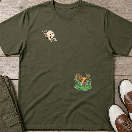Flying Golf Pond T-Shirt in Military Green lying on a plain floor. T-shirt is a unisex cut and 100 per cent cotton.