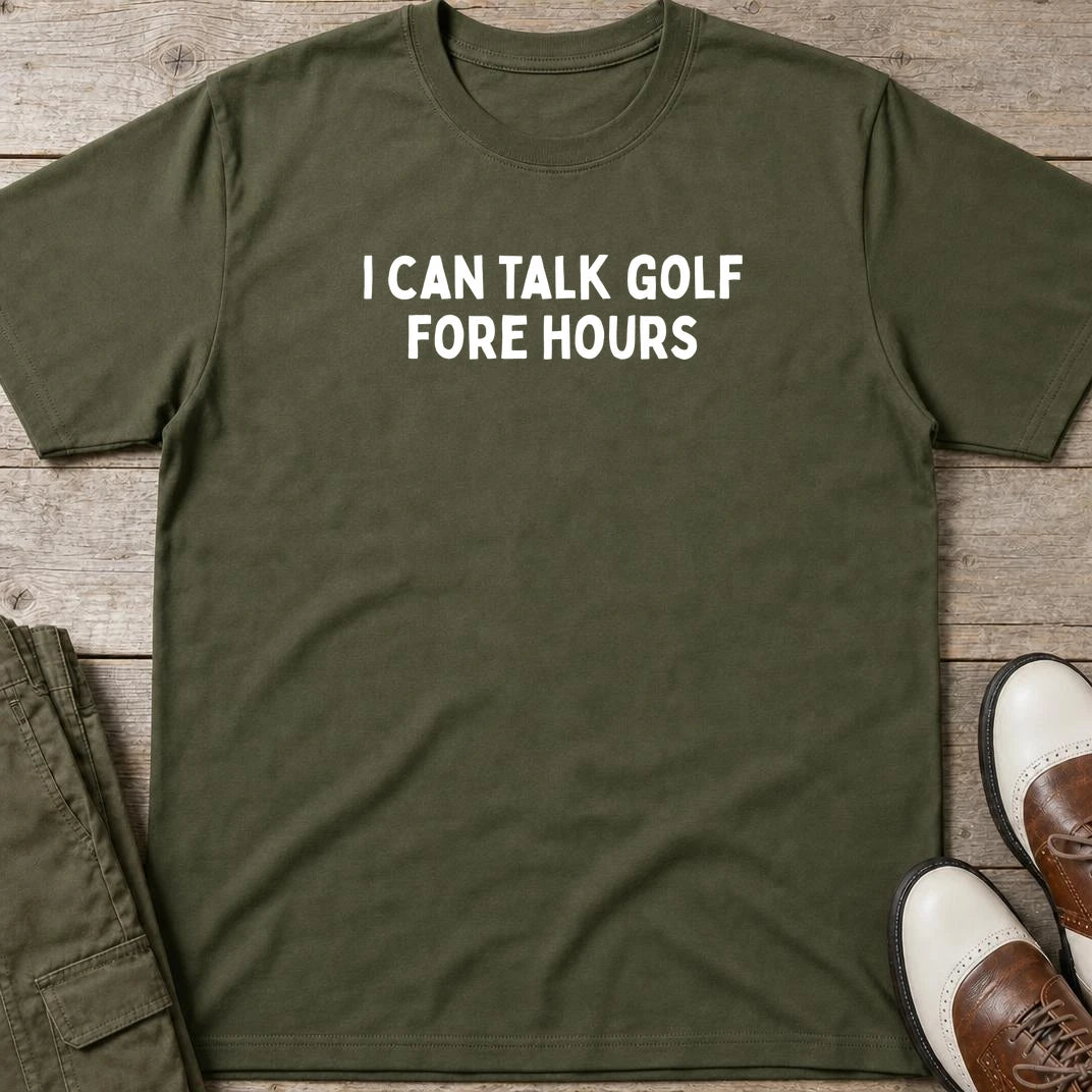 Fore Hours T-Shirt in Military Green lying on a plain floor. T-shirt is a unisex cut and 100 per cent cotton.