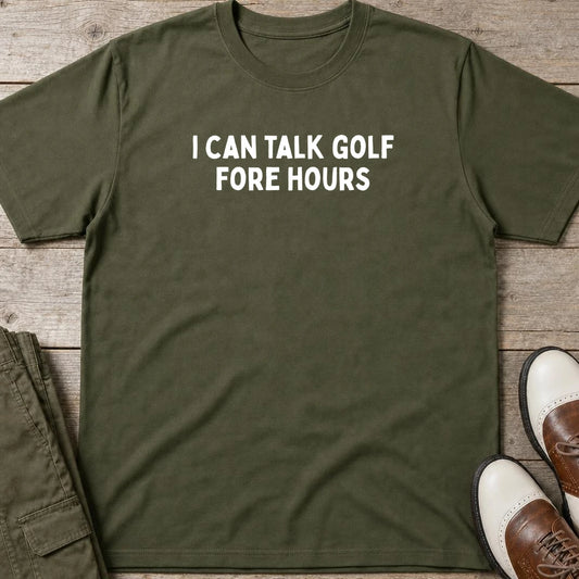 Fore Hours T-Shirt in Military Green lying on a plain floor. T-shirt is a unisex cut and 100 per cent cotton.