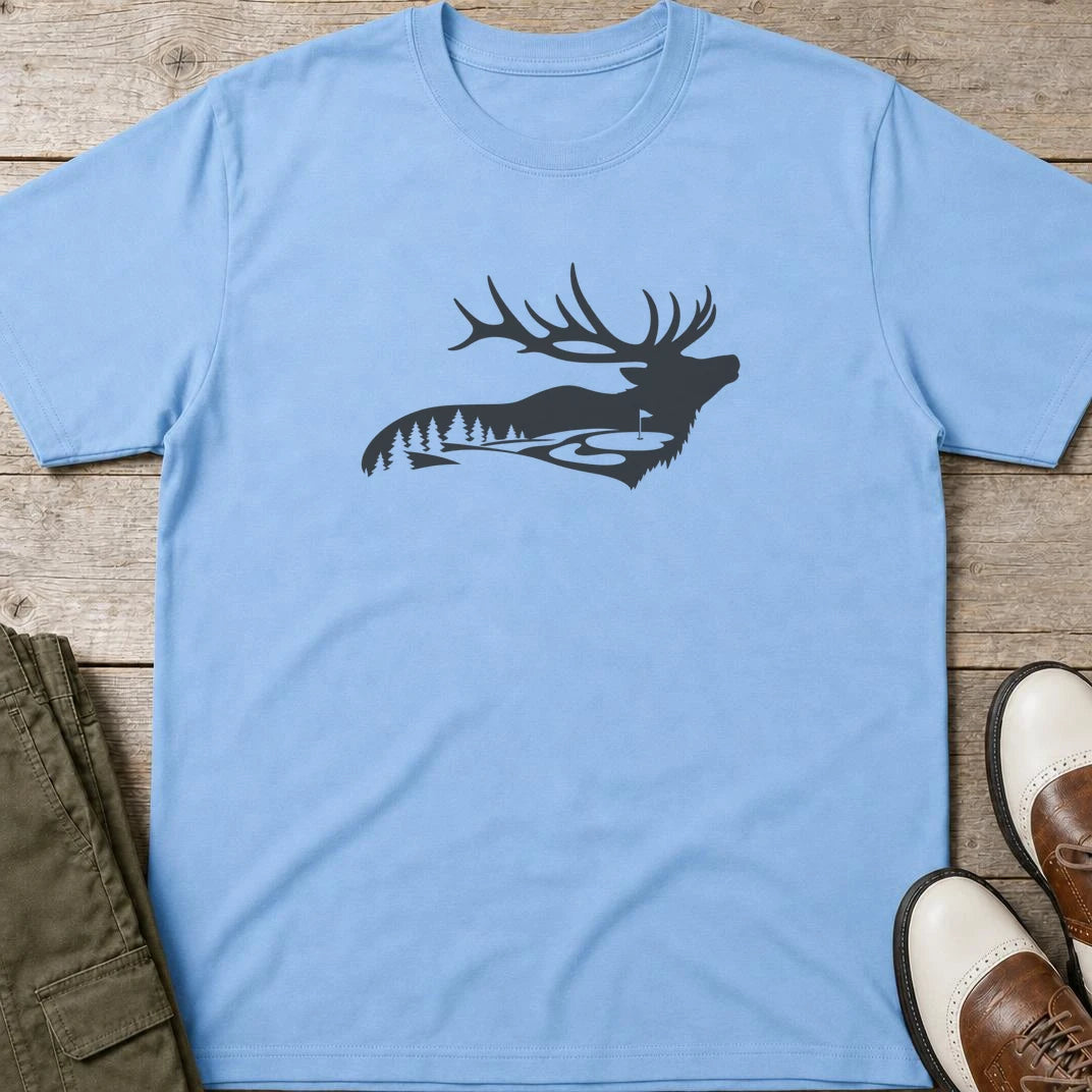 Forest Golf T-Shirt in Light Blue lying on a plain floor. T-shirt is a unisex cut and 100 per cent cotton.