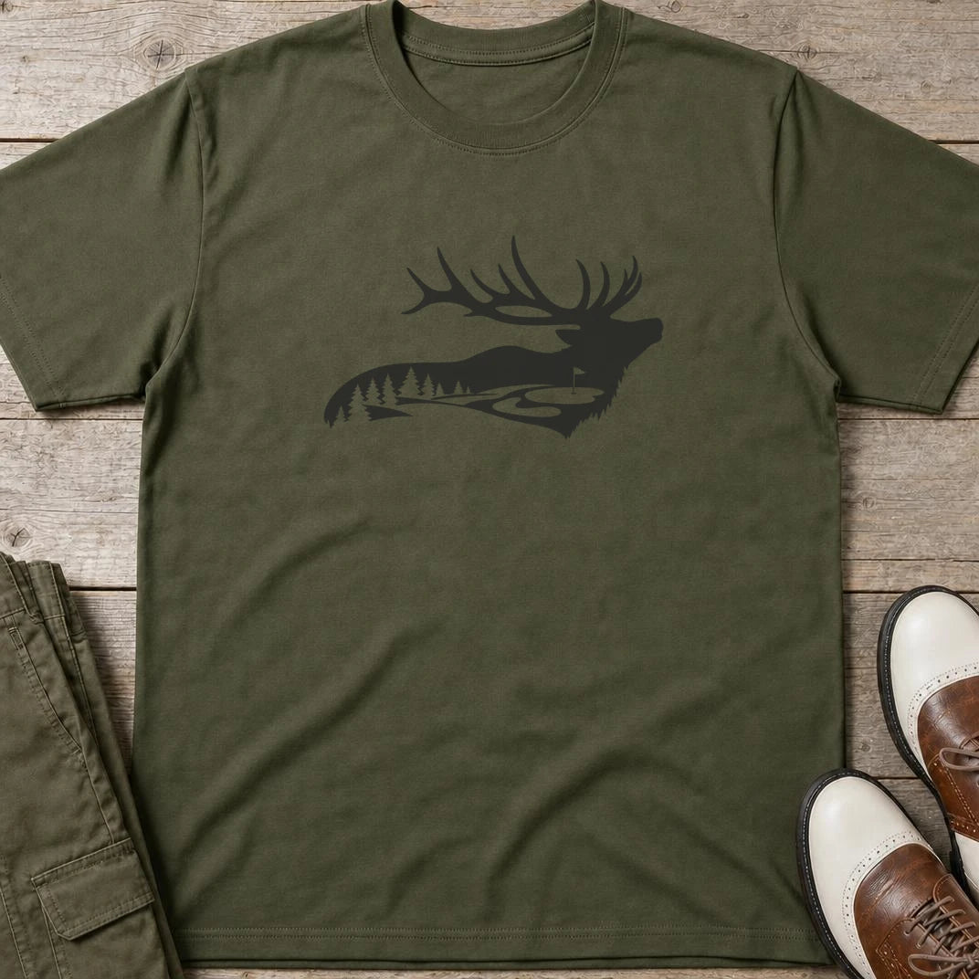 Forest Golf T-Shirt in Military Green lying on a plain floor. T-shirt is a unisex cut and 100 per cent cotton.