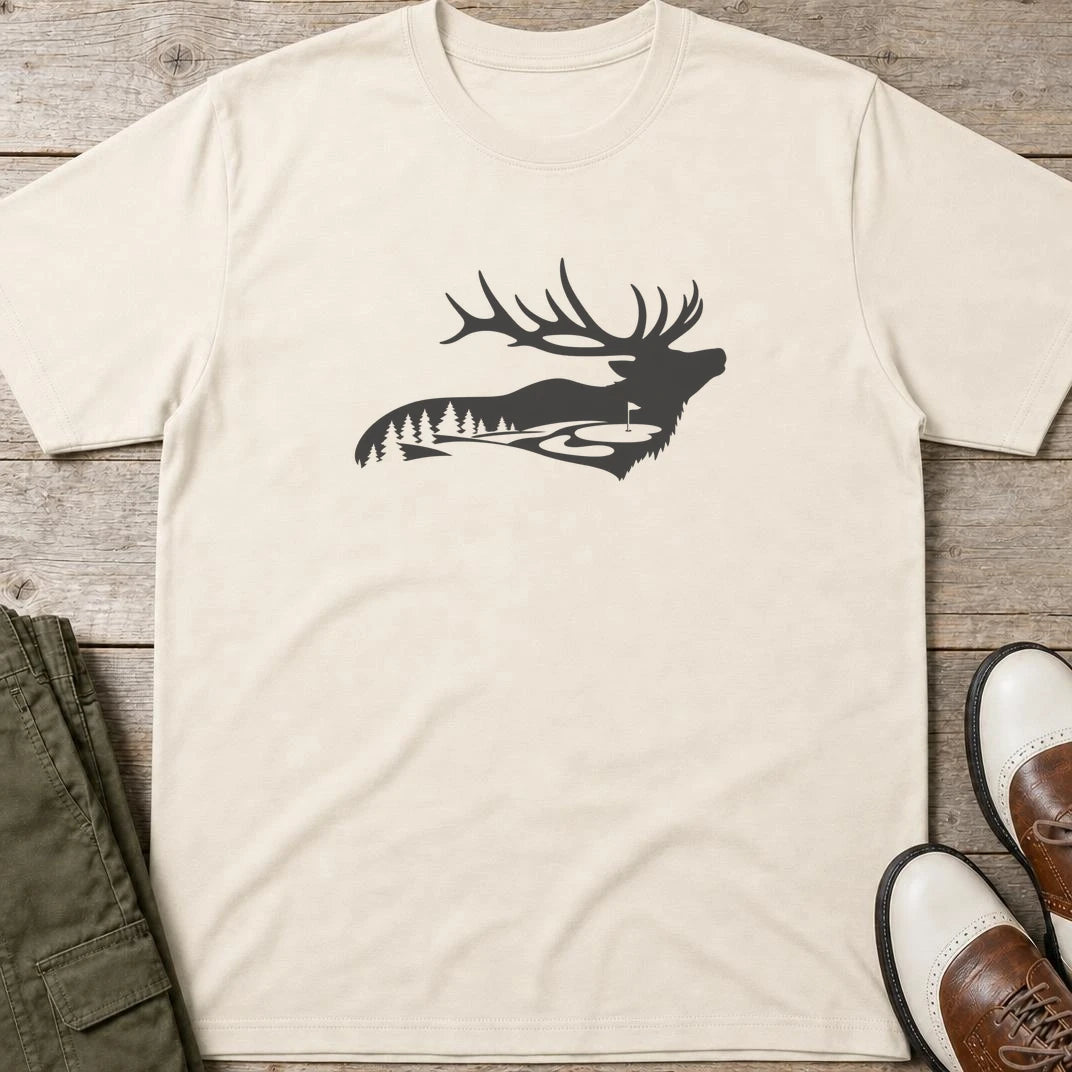 Forest Golf T-Shirt in Natural lying on a plain floor. T-shirt is a unisex cut and 100 per cent cotton.