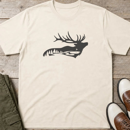 Forest Golf T-Shirt in Natural lying on a plain floor. T-shirt is a unisex cut and 100 per cent cotton.