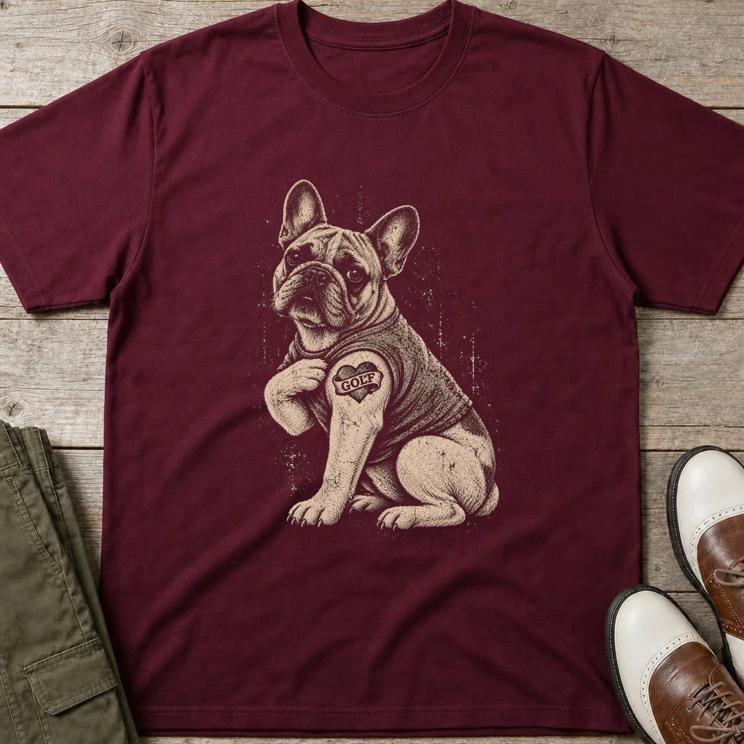 Frenchie Golf T-Shirt in Maroon lying on a plain floor. T-shirt is a unisex cut and 100 per cent cotton.