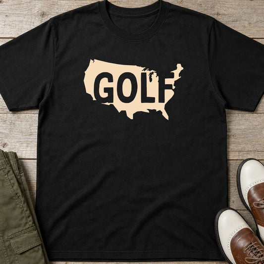 Golf USA T-Shirt in Black lying on a plain floor. T-shirt is a unisex cut and 100 per cent cotton.