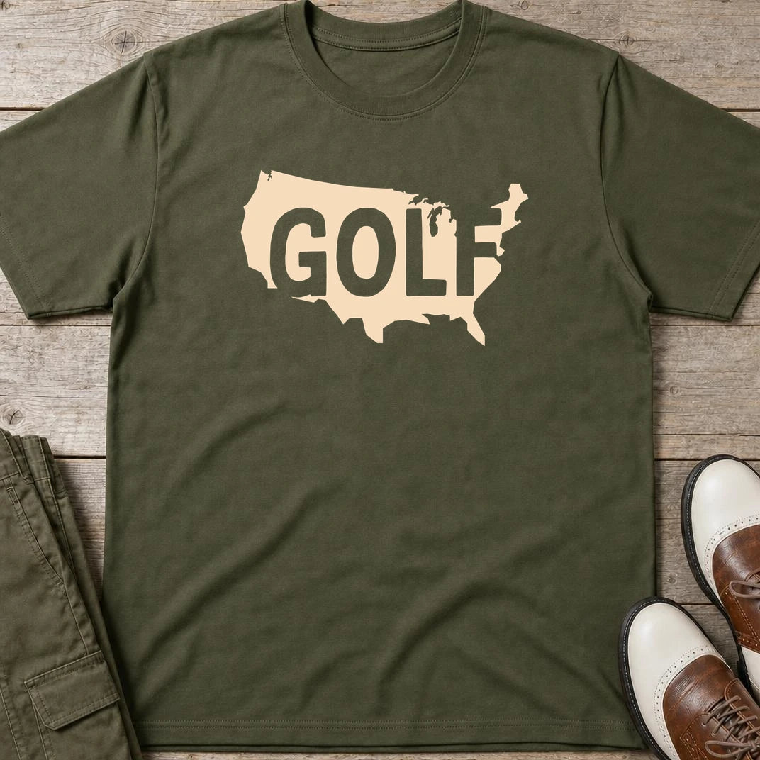 Golf USA T-Shirt in Military Green lying on a plain floor. T-shirt is a unisex cut and 100 per cent cotton.