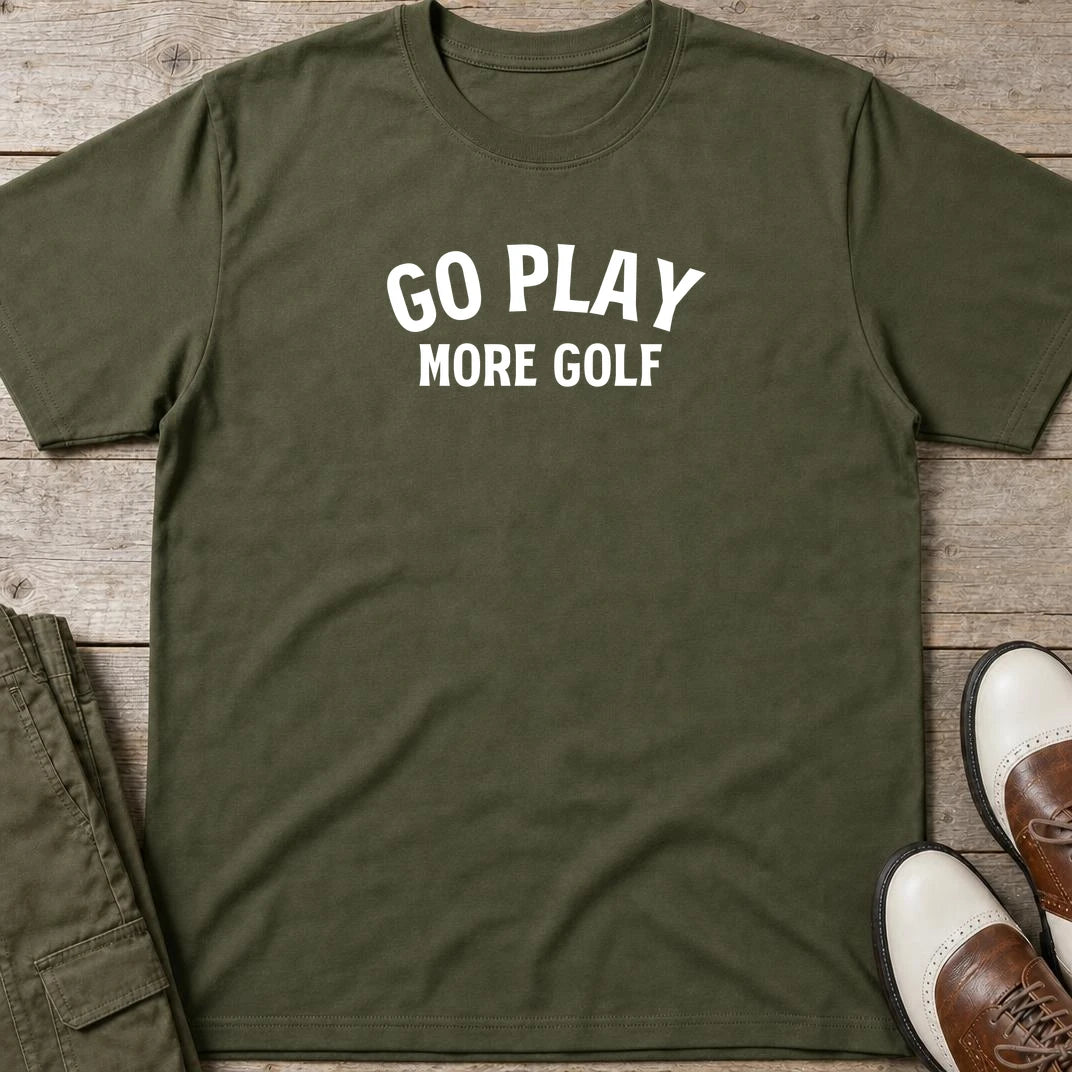 Go Play T-Shirt in Military Green lying on a plain floor. T-shirt is a unisex cut and 100 per cent cotton.
