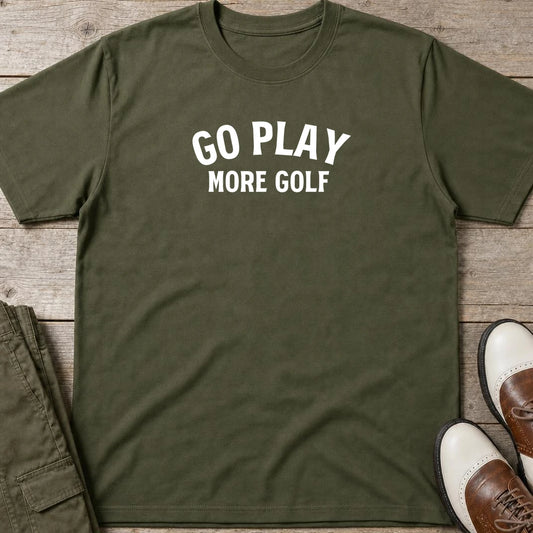 Go Play T-Shirt in Military Green lying on a plain floor. T-shirt is a unisex cut and 100 per cent cotton.