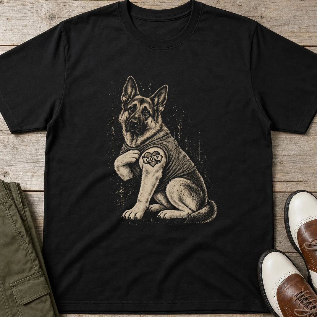 German Shepherd Golfer T-Shirt in Black lying on a plain floor. T-shirt is a unisex cut and 100 per cent cotton.