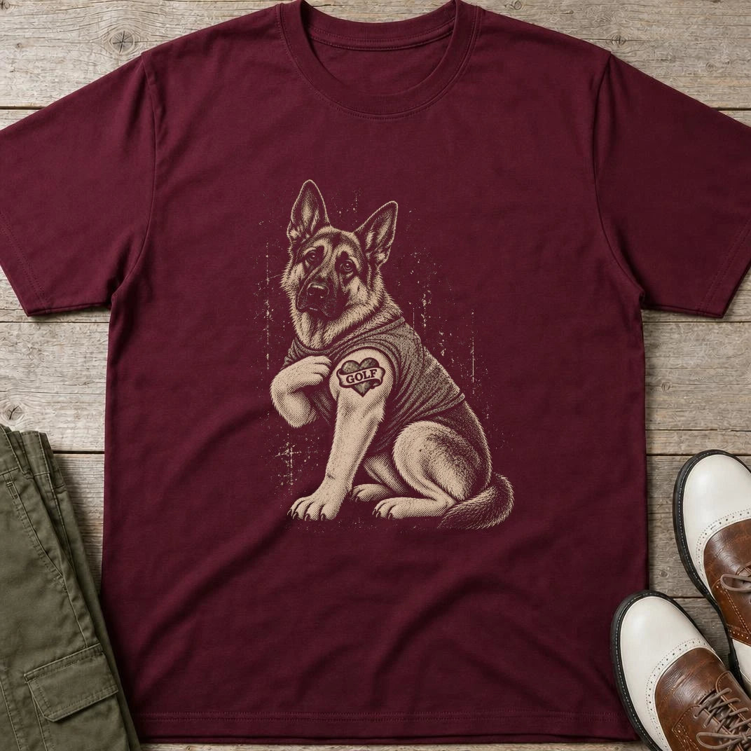 German Shepherd Golfer T-Shirt in Maroon lying on a plain floor. T-shirt is a unisex cut and 100 per cent cotton.