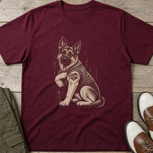 German Shepherd Golfer T-Shirt in Maroon lying on a plain floor. T-shirt is a unisex cut and 100 per cent cotton.