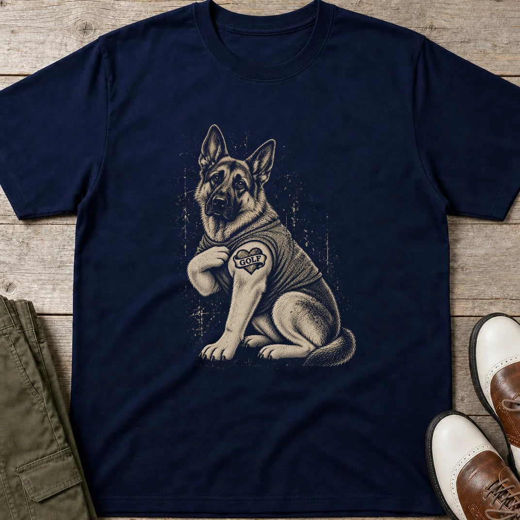 German Shepherd Golfer T-Shirt in Navy lying on a plain floor. T-shirt is a unisex cut and 100 per cent cotton.