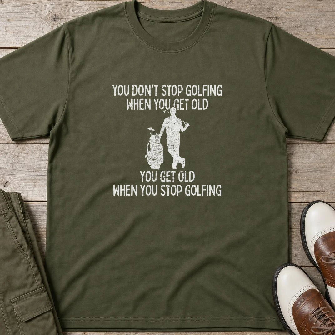 Get Old T-Shirt in Military Green lying on a plain floor. T-shirt is a unisex cut and 100 per cent cotton.