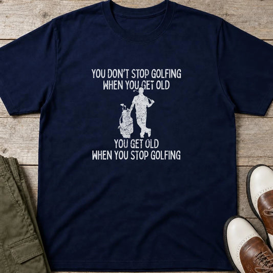 Get Old T-Shirt in Navy lying on a plain floor. T-shirt is a unisex cut and 100 per cent cotton.