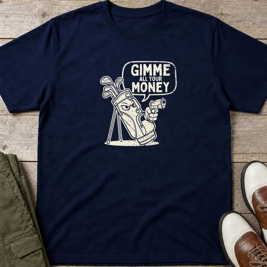 Gimme All Your Money T-Shirt in Navy lying on a plain floor. T-shirt is a unisex cut and 100 per cent cotton.