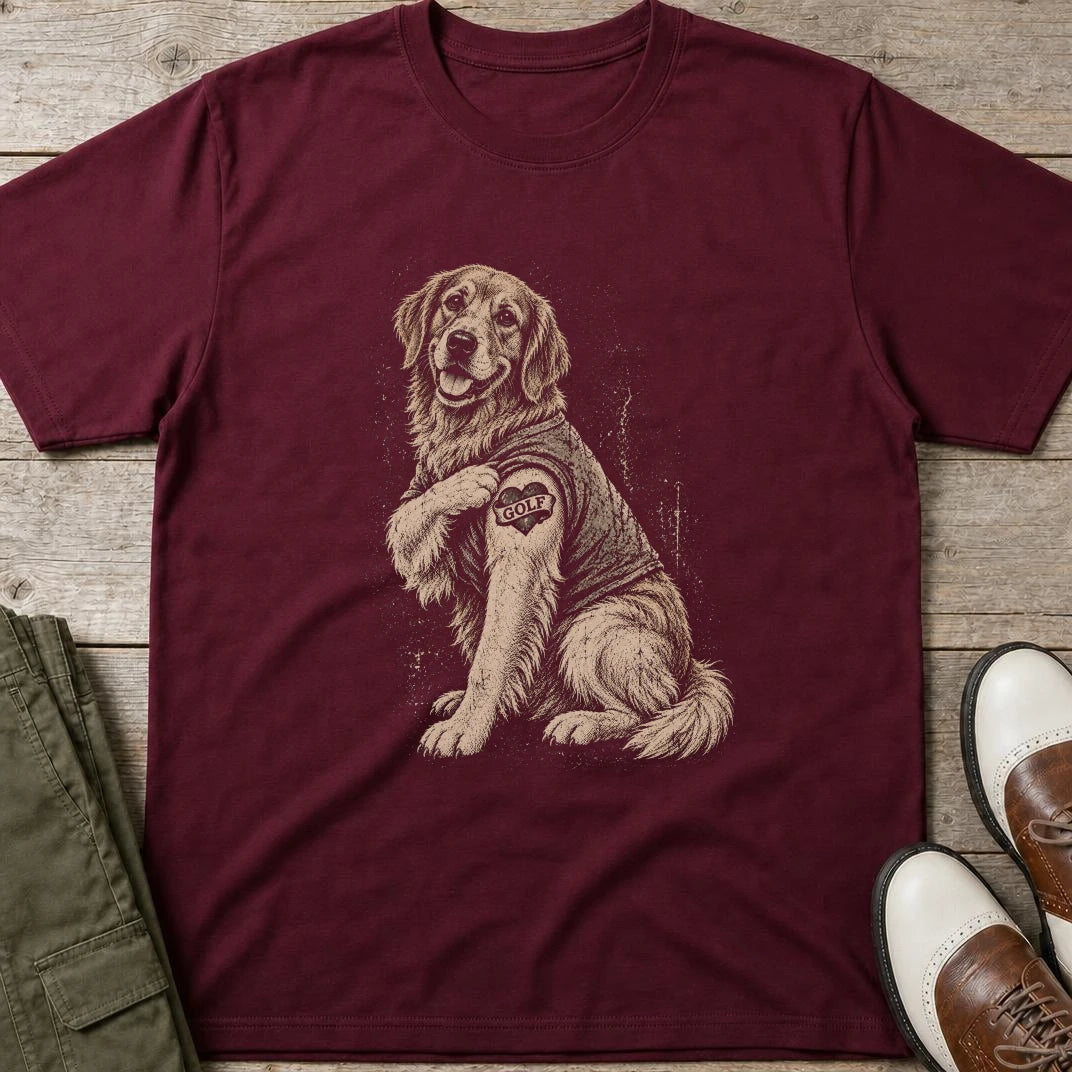 Golden Retriever Golf T-Shirt in Maroon lying on a plain floor. T-shirt is a unisex cut and 100 per cent cotton.