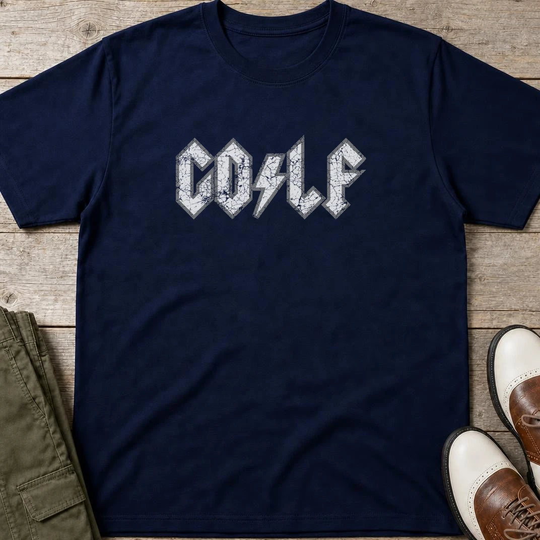 Rock On Golf T-Shirt in Navy lying on a plain floor. T-shirt is a unisex cut and 100 per cent cotton.