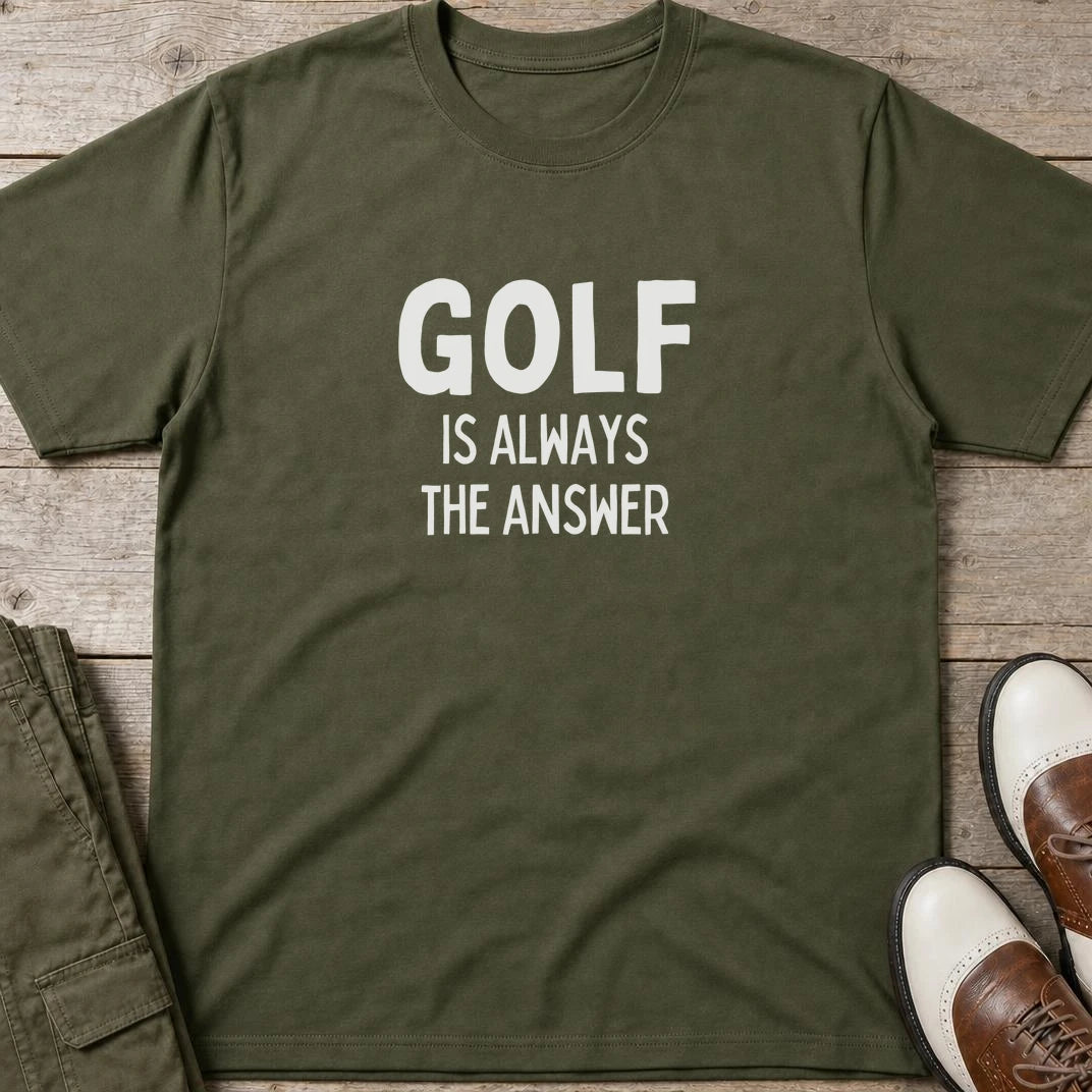 Golf The Answer T-Shirt in Military Green lying on a plain floor. T-shirt is a unisex cut and 100 per cent cotton.