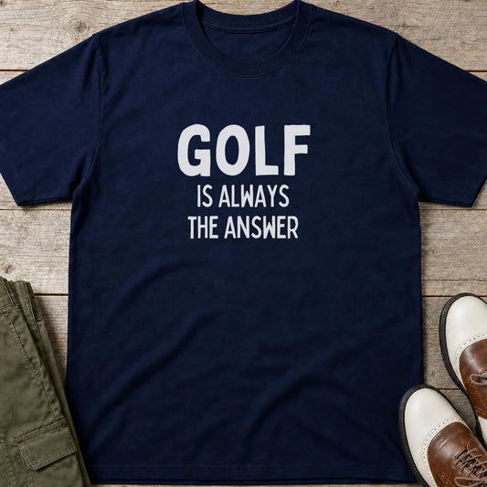 Golf The Answer T-Shirt in Navy lying on a plain floor. T-shirt is a unisex cut and 100 per cent cotton.