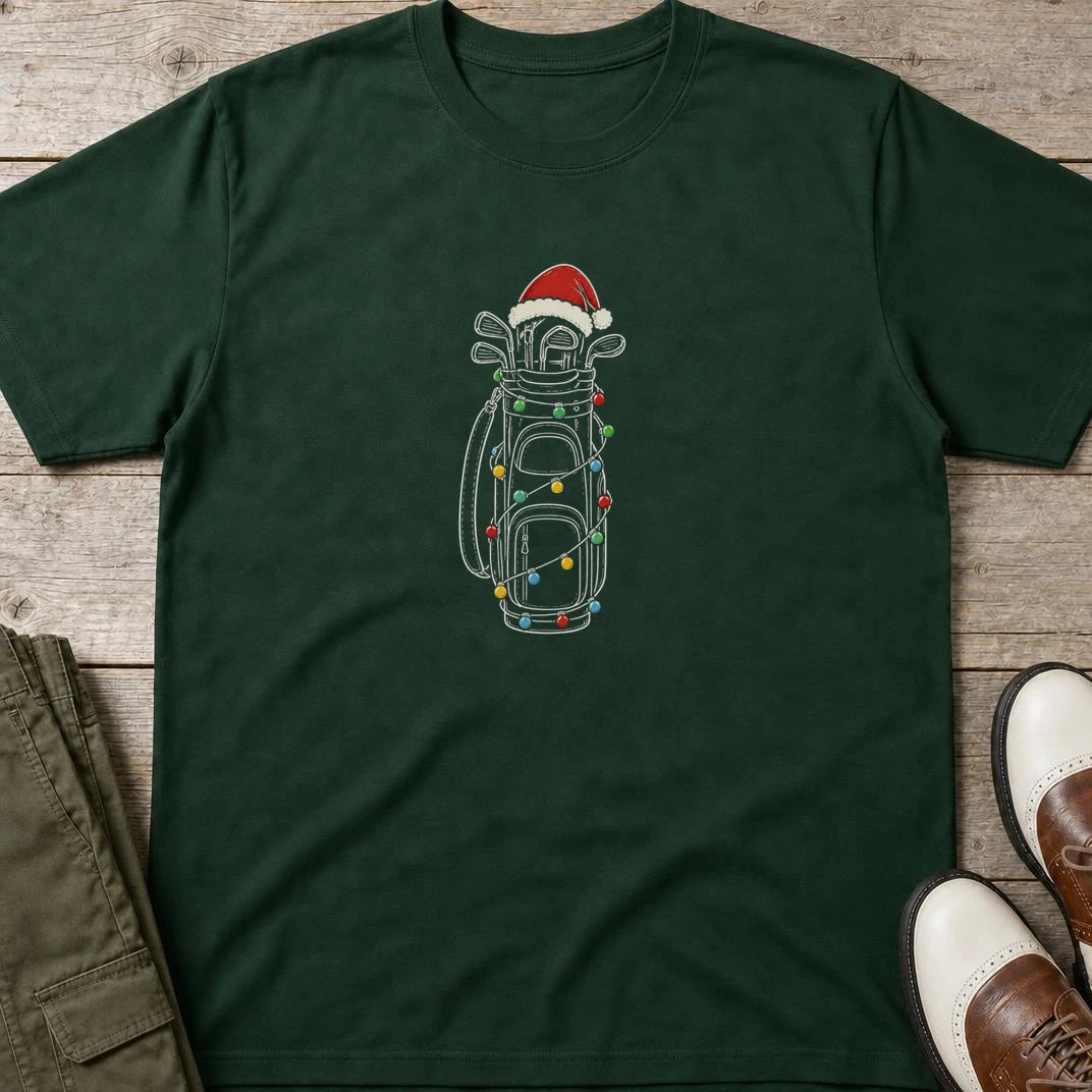 Golf Bag Lights T-Shirt in Forest Green lying on a plain floor. T-shirt is a unisex cut and 100 per cent cotton.