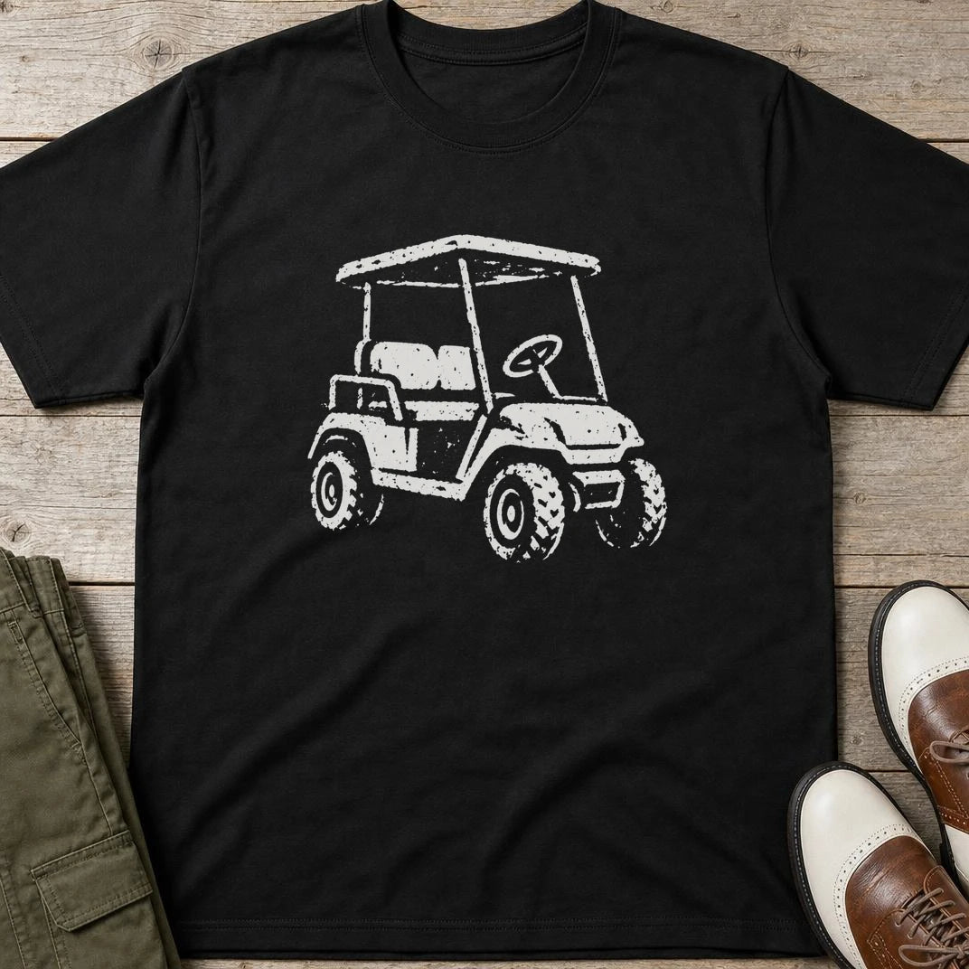 Vintage Golf Cart T-Shirt in Black lying on a plain floor. T-shirt is a unisex cut and 100 per cent cotton.