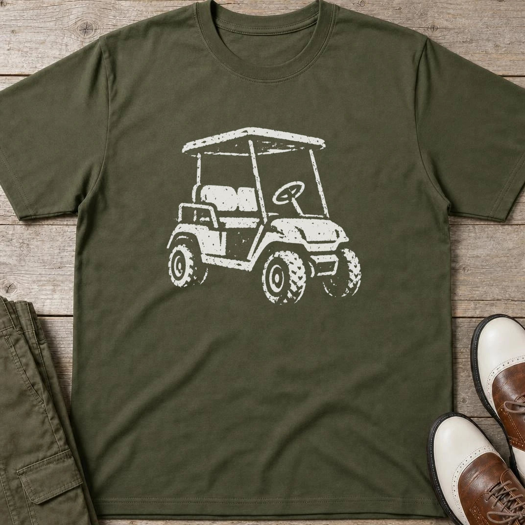 Vintage Golf Cart T-Shirt in Military Green lying on a plain floor. T-shirt is a unisex cut and 100 per cent cotton.