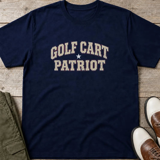 Cart Patriot T-Shirt in Navy lying on a plain floor. T-shirt is a unisex cut and 100 per cent cotton.