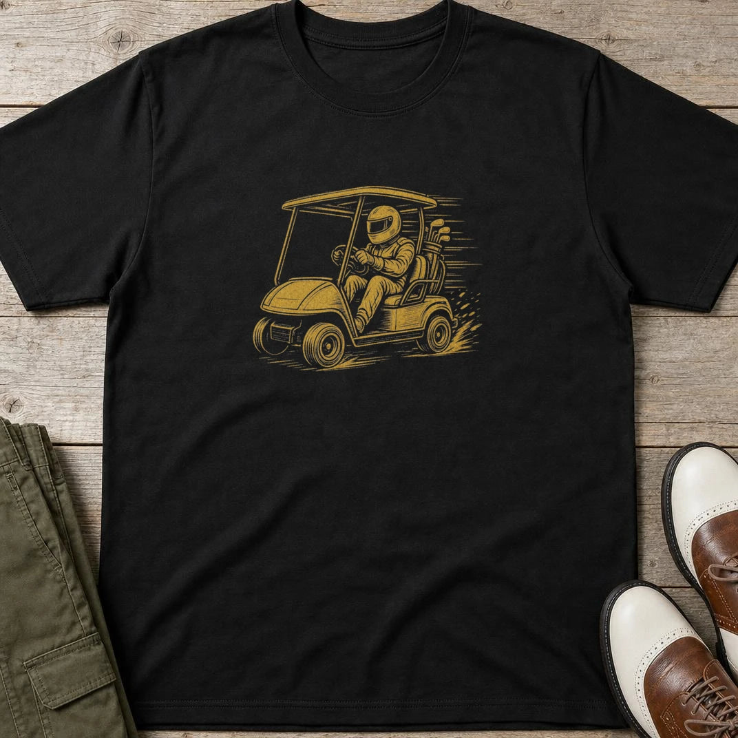 Cart Racer T-Shirt in Black lying on a plain floor. T-shirt is a unisex cut and 100 per cent cotton.