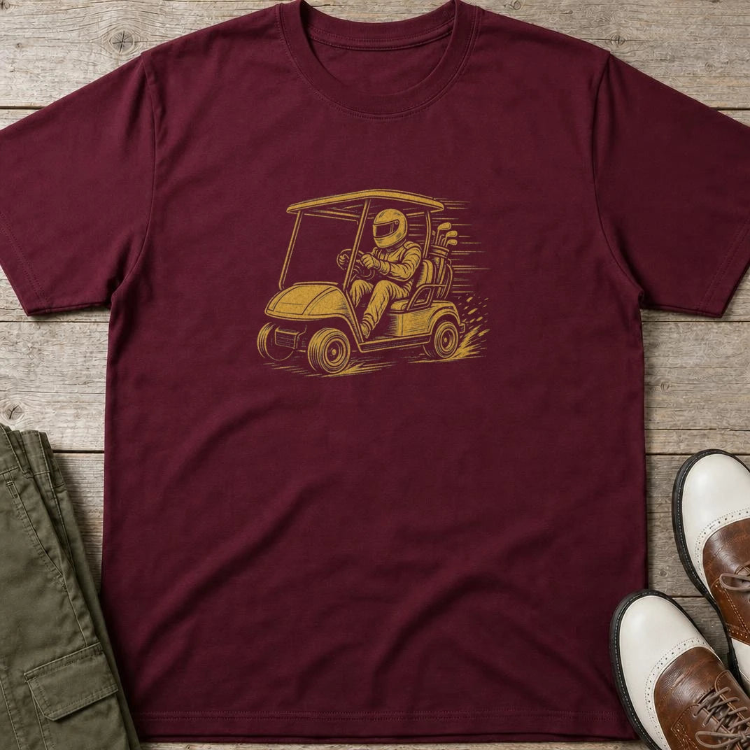 Cart Racer T-Shirt in Maroon lying on a plain floor. T-shirt is a unisex cut and 100 per cent cotton.