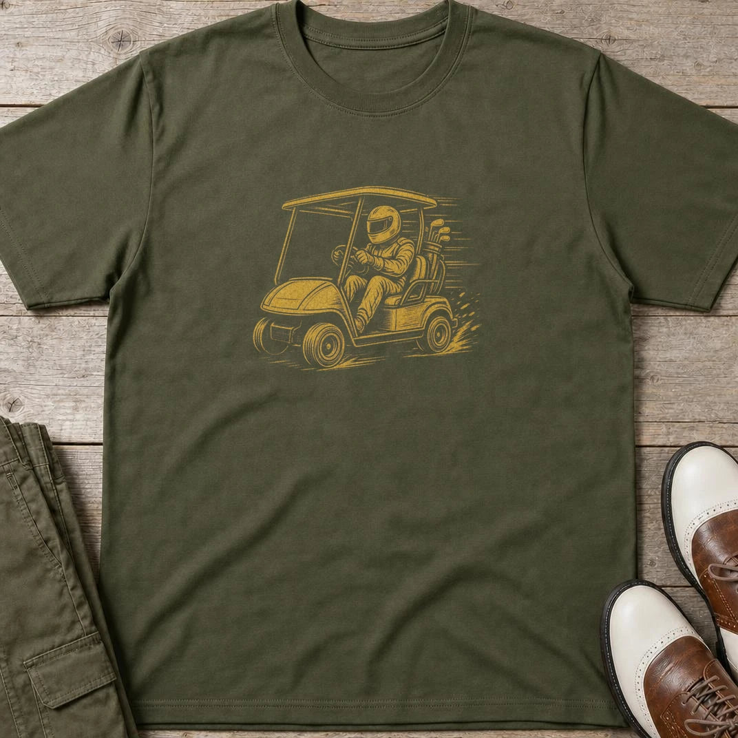 Cart Racer T-Shirt in Military Green lying on a plain floor. T-shirt is a unisex cut and 100 per cent cotton.