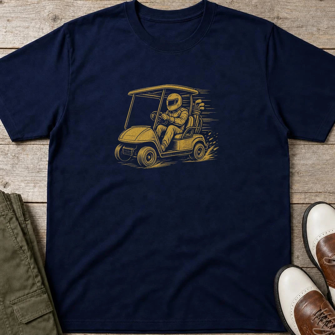 Cart Racer T-Shirt in Navy lying on a plain floor. T-shirt is a unisex cut and 100 per cent cotton.