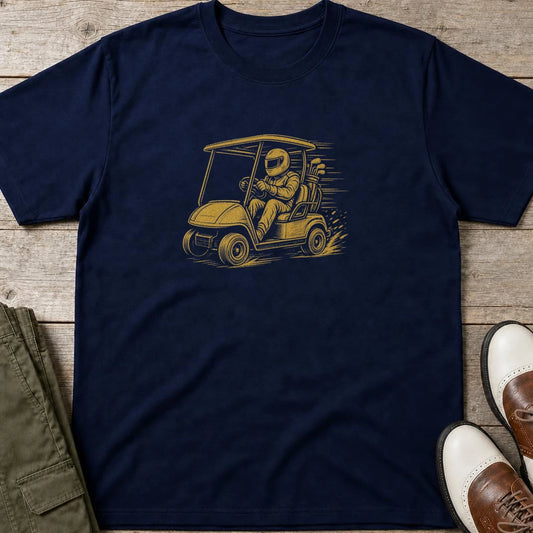 Cart Racer T-Shirt in Navy lying on a plain floor. T-shirt is a unisex cut and 100 per cent cotton.