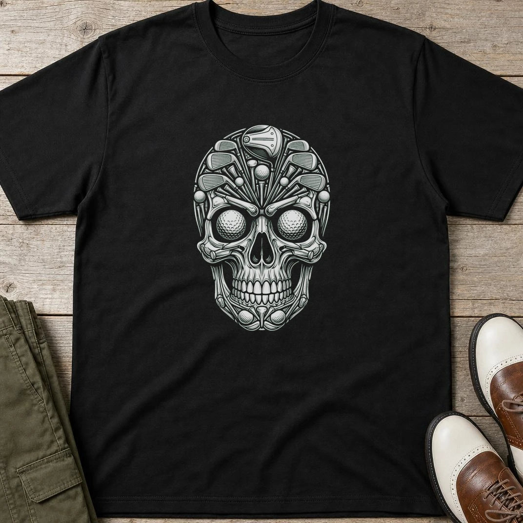 Golf Gear Skull T-Shirt in Black lying on a plain floor. T-shirt is a unisex cut and 100 per cent cotton.