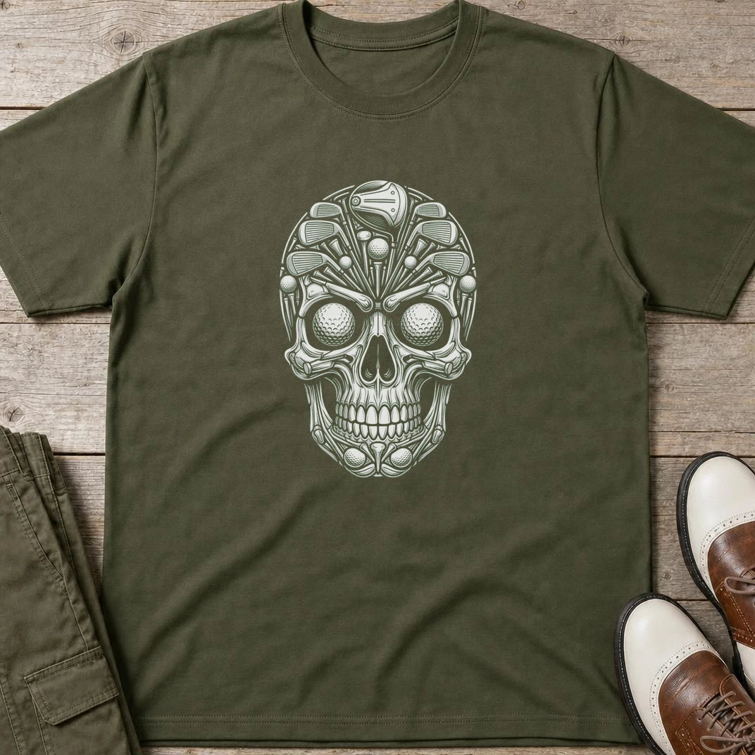 Golf Gear Skull T-Shirt in Military Green lying on a plain floor. T-shirt is a unisex cut and 100 per cent cotton.