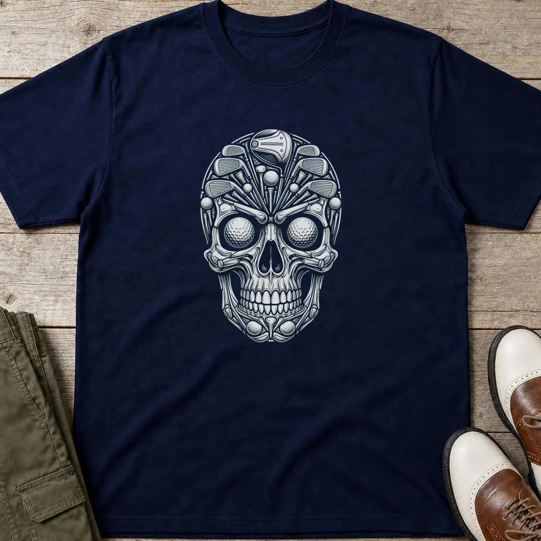 Golf Gear Skull T-Shirt in Navy lying on a plain floor. T-shirt is a unisex cut and 100 per cent cotton.