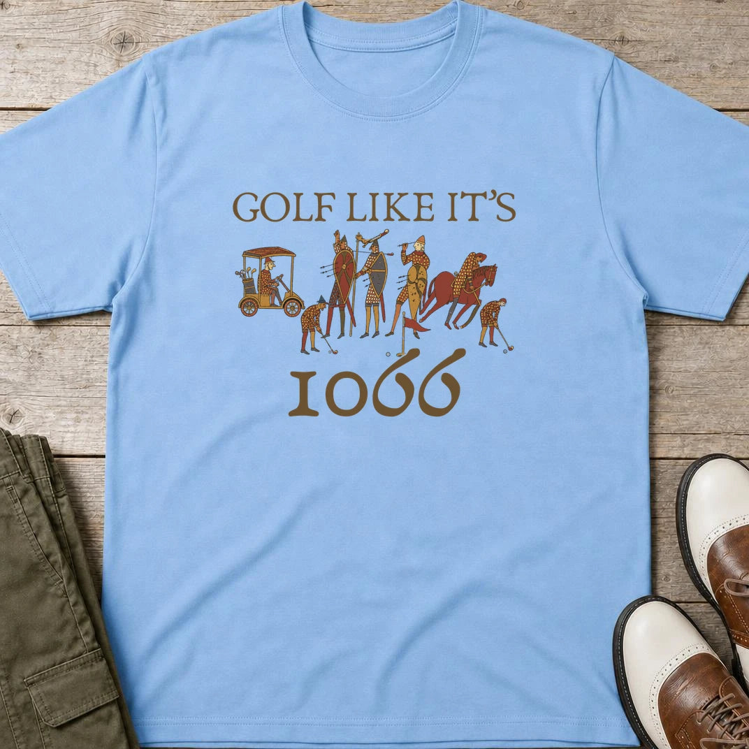 Golf 1066 T-Shirt in Light Blue lying on a plain floor. T-shirt is a unisex cut and 100 per cent cotton.