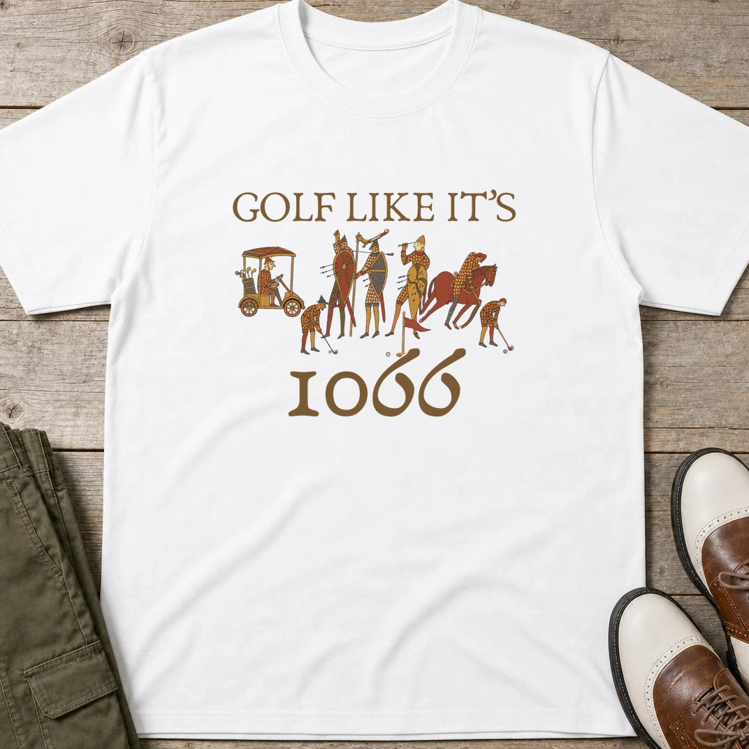 Golf 1066 T-Shirt in White lying on a plain floor. T-shirt is a unisex cut and 100 per cent cotton.