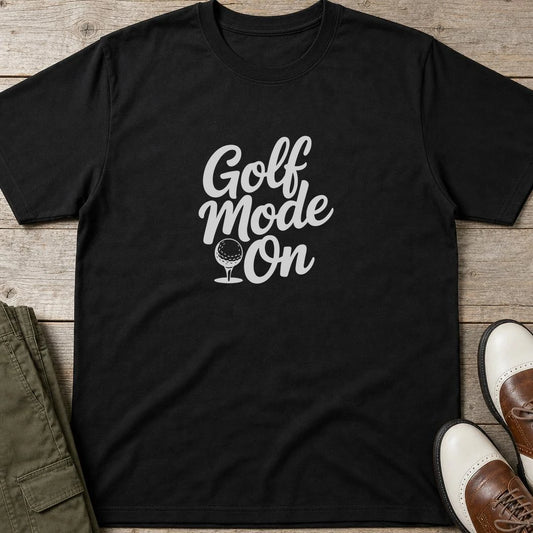 Mode T-Shirt in Black lying on a plain floor. T-shirt is a unisex cut and 100 per cent cotton.