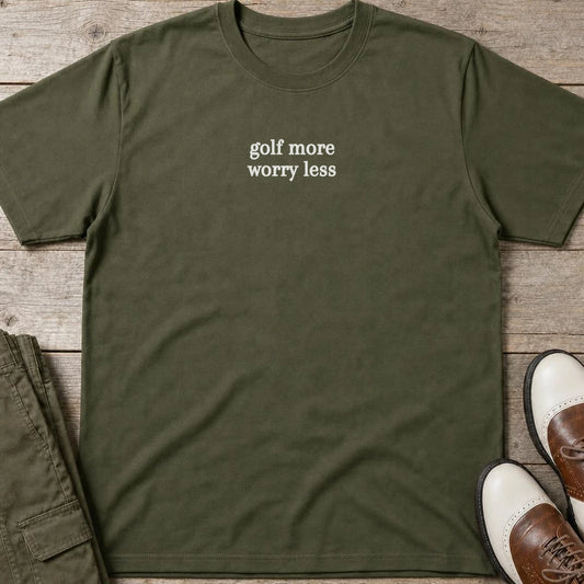 Golf More T-Shirt in Military Green lying on a plain floor. T-shirt is a unisex cut and 100 per cent cotton.