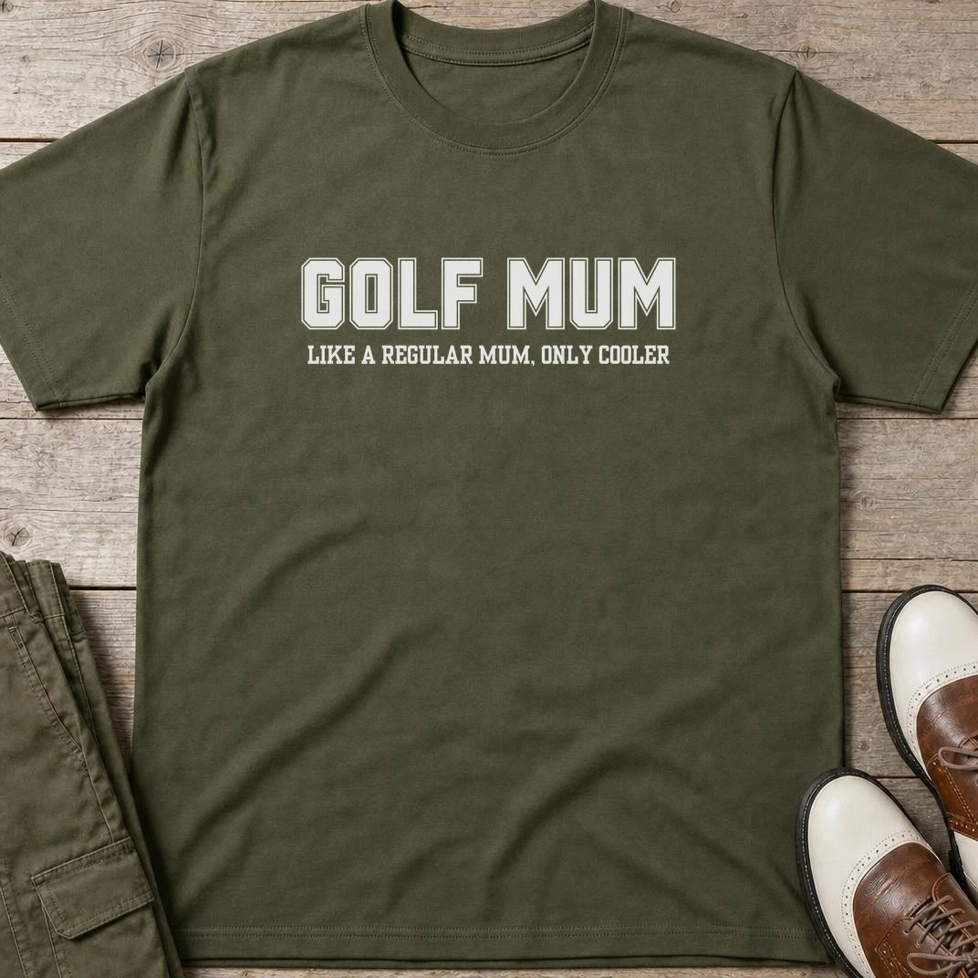 Golf Mum Cooler T-Shirt in Military Green lying on a plain floor. T-shirt is a unisex cut and 100 per cent cotton.