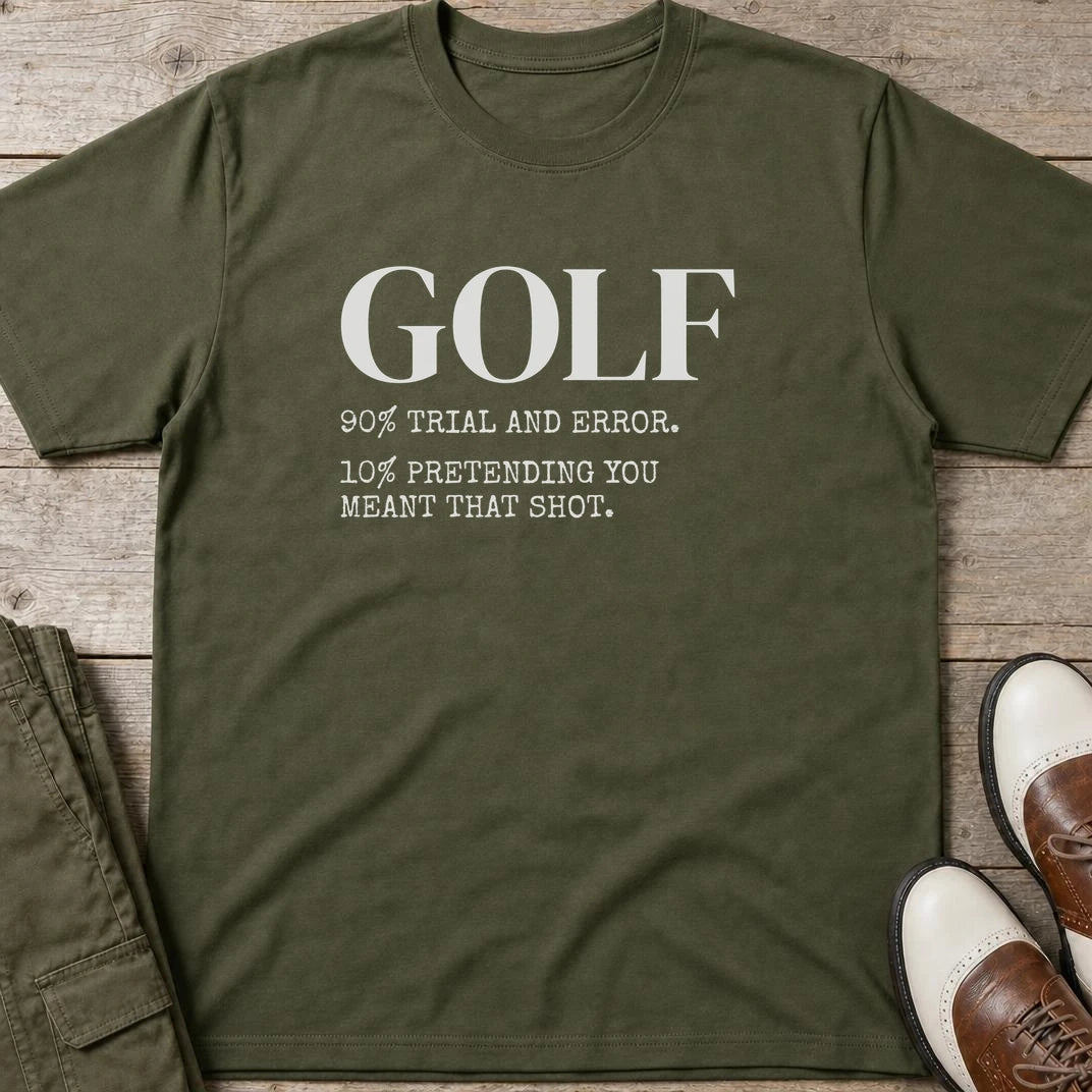 Pretending T-Shirt in Military Green lying on a plain floor. T-shirt is a unisex cut and 100 per cent cotton.