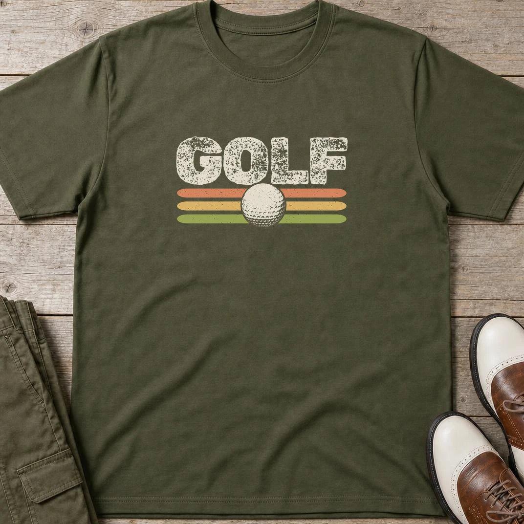 Golf Retro T-Shirt in Military Green lying on a plain floor. T-shirt is a unisex cut and 100 per cent cotton.