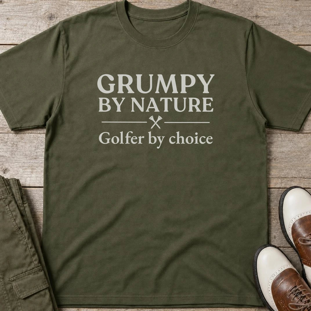 Golfer By Choice T-Shirt in Military Green lying on a plain floor. T-shirt is a unisex cut and 100 per cent cotton.