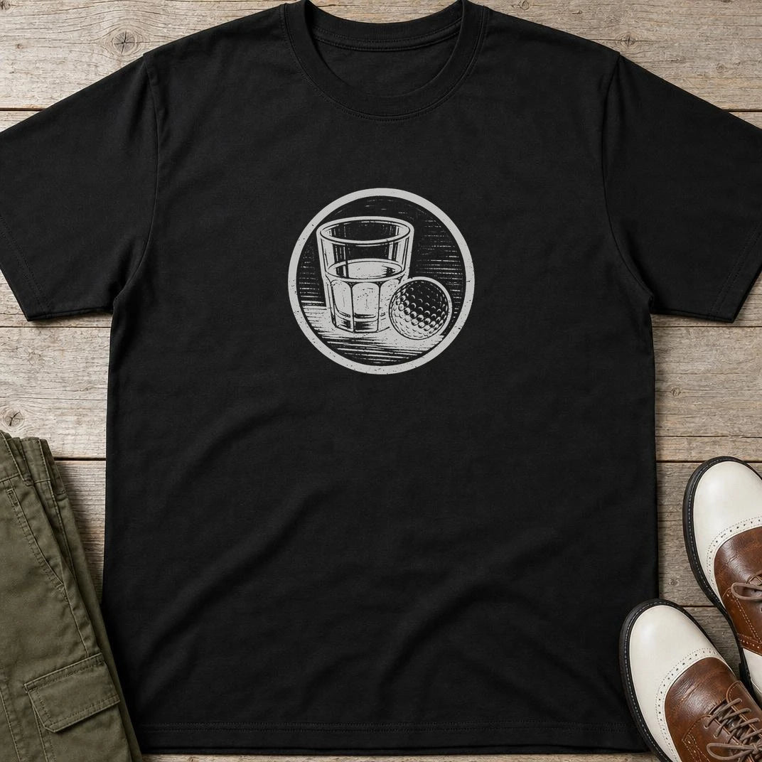 Golf Cheers T-Shirt in Black lying on a plain floor. T-shirt is a unisex cut and 100 per cent cotton.