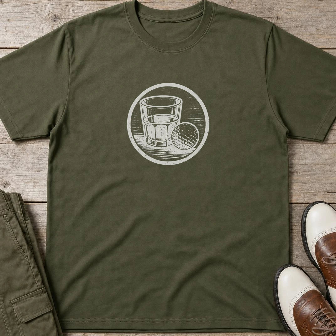 Golf Cheers T-Shirt in Military Green lying on a plain floor. T-shirt is a unisex cut and 100 per cent cotton.
