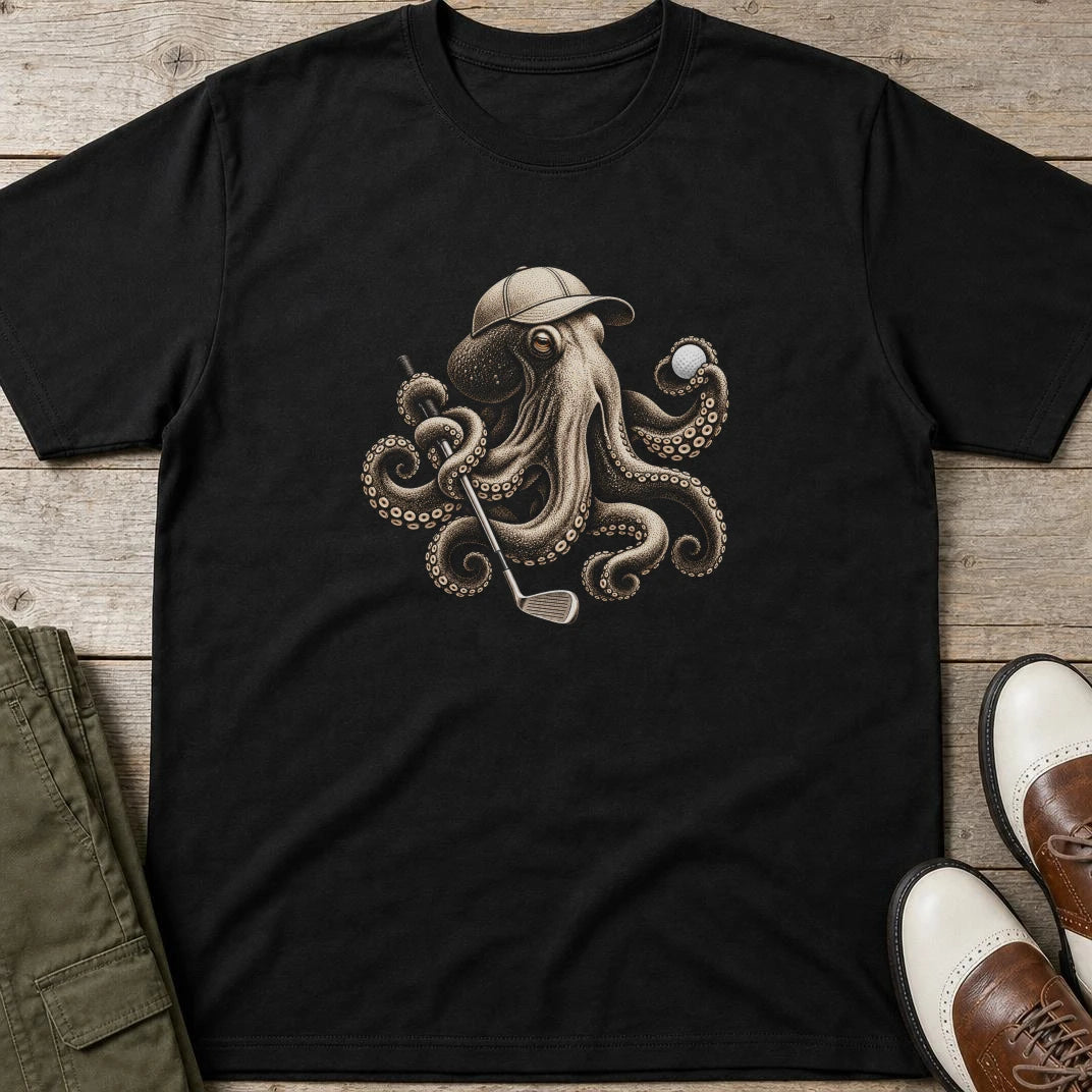 Golfing Octopus T-Shirt in Black lying on a plain floor. T-shirt is a unisex cut and 100 per cent cotton.
