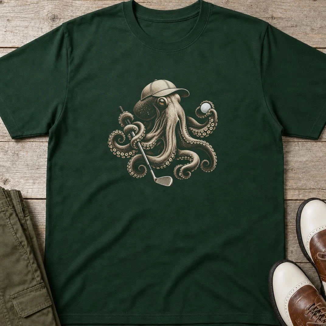 Golfing Octopus T-Shirt in Forest Green lying on a plain floor. T-shirt is a unisex cut and 100 per cent cotton.