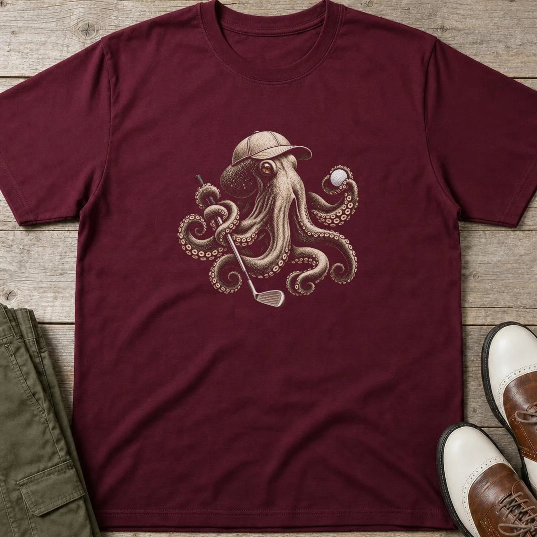 Golfing Octopus T-Shirt in Maroon lying on a plain floor. T-shirt is a unisex cut and 100 per cent cotton.
