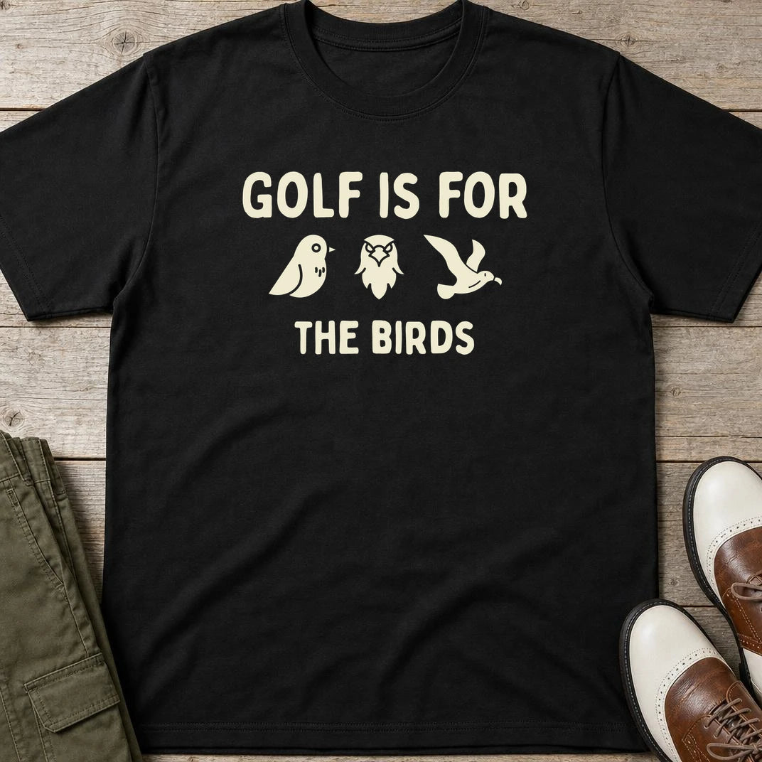 The Birds T-Shirt in Black lying on a plain floor. T-shirt is a unisex cut and 100 per cent cotton.