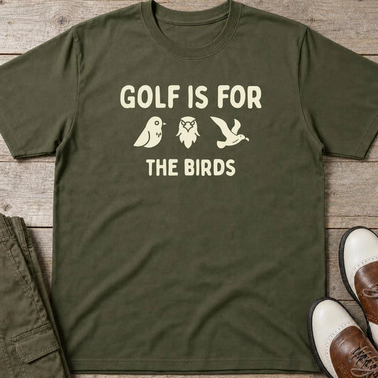 The Birds T-Shirt in Military Green lying on a plain floor. T-shirt is a unisex cut and 100 per cent cotton.